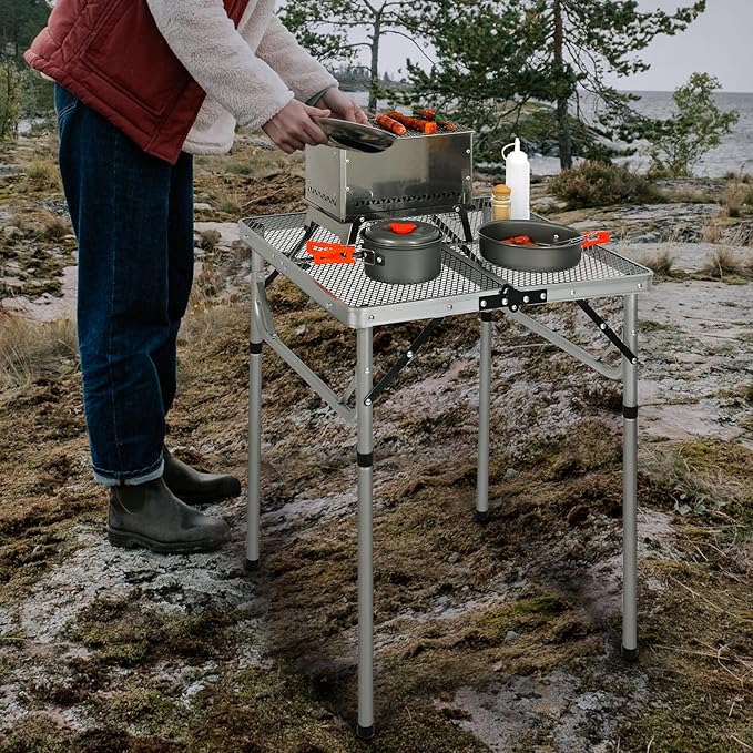 RedSwing Portable Grill Table for Outside, Aluminum Folding Grill Stand Table for Outdoor Camping Picnic BBQ, Lightweight Adjustable Height, 24"x24"x9.8"/27" Sliver