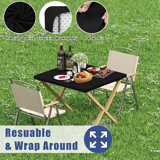 Spandex Picnic Table Cloth 2 Pack, Elastic Fitted Tablecloths for Square Tables, Stretch Washable Patio Table Cover for Outdoor, Camping, Banquet and Parties (Black, 34"x34")