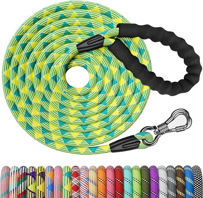 NTR Long Dog Leash, 50FT Check Cord with Swivel Lockable Hook and Comfortable Padded Handle for Dog Leash for Small Medium and Large Dogs Walking Training Hiking Camping Playing, Teal/Yellow