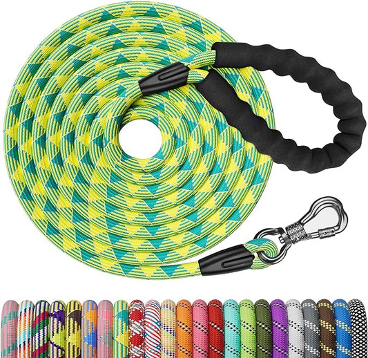 NTR Long Dog Leash, 50FT Check Cord with Swivel Lockable Hook and Comfortable Padded Handle for Dog Leash for Small Medium and Large Dogs Walking Training Hiking Camping Playing, Teal/Yellow