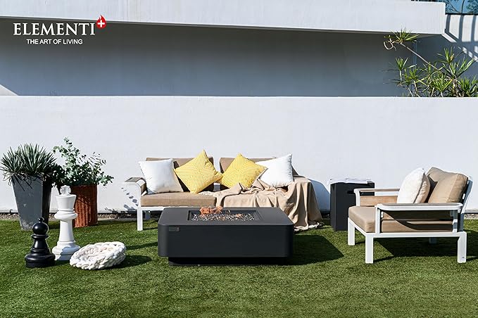 Elementi+ | Bergamo Gas Fire Pit Cast Concrete 42" Square Fire Table, Outdoor Fire Pit Electronic Ignition | Canvas Cover, Fire Glass and Burner Lid Included | Dark Gray | Natural Gas