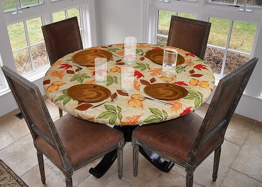 LAMINET Elastic Fitted Table Cover - All-Over Leaves - Large Round - Fits Tables up to 45-56” Diameter