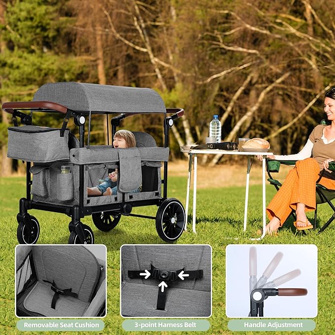 Wagon Stroller for 2 Kids, Foldable Kids Wagon Cart Featuring with Harnesses, Adjustable Double Push Handle, Removable Canopy, Snack Tray, Large Storage Bag, Gray