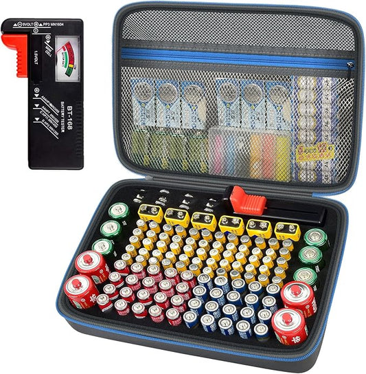Battery Organizer Storage Holder Case Box with Tester Checker BT-168. Holds 136+ Batteries AA AAA C D Cell 9V 3V Lithium (Blue)
