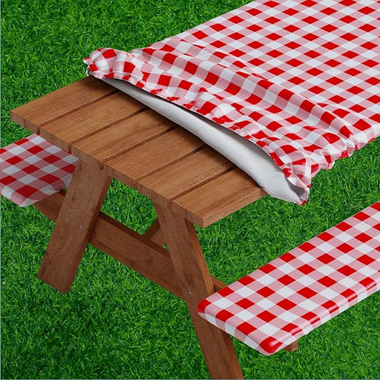 Sorfey Picnic Table Cover with Bench Covers -Fitted with Elastic, Vinyl with Flannel Back, Fits for Table 28"x 72" Rectangle,Water Proof, Checked Red Design