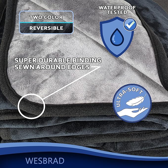Waterproof, Super Soft, Leak Proof, Totally Pee Proof, EZ-Wash, Durable (80"x60", Black/Grey) Two-Color Reversable, 3 Layer Blanket, Adults, Pets, Dogs, Cats