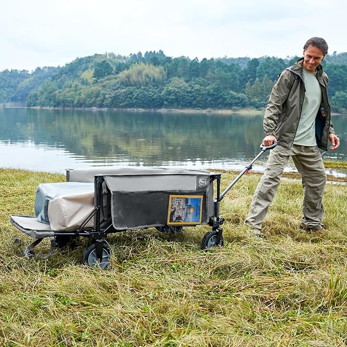 Timber Ridge 49" Extra Long Collapsible Folding Wagon with Tailgate and Brakes, 300lbs Heavy Duty Foldable Wagon with Adjustable Handle, 250L Capacity Portable Cart for Outdoor Camping Sports, Grey