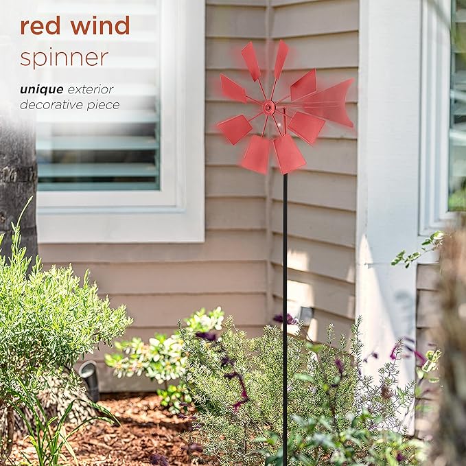 Alpine Corporation 52" Tall Outdoor Metal Windmill Spinner Stake Yard Decoration, Red