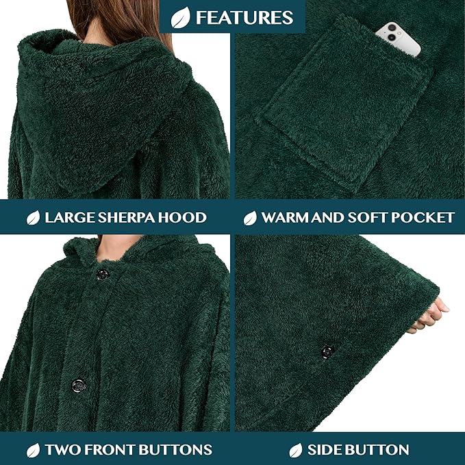PAVILIA Angel Wrap Hooded Blanket Poncho, Wearable Blanket Throw Wrap Poncho for Women Adult, Cozy Fluffy Sherpa Fleece Shawl Cape with Hood pockets, Warm Gift for Mom Wife, Emerald Green