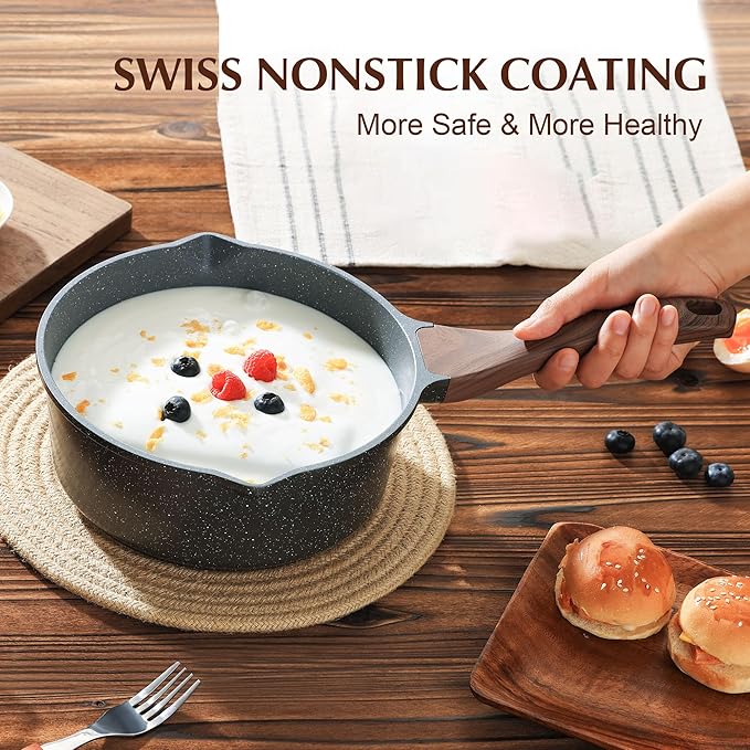 SENSARTE Nonstick Sauce Pan with Double Spout, 3.0 Quarts Swiss Granite Coating Sauce Pot with Lid Medium Kitchen Cooking Pot, Induction Comptable Saucepan, Free of Intentionally Added PFOA