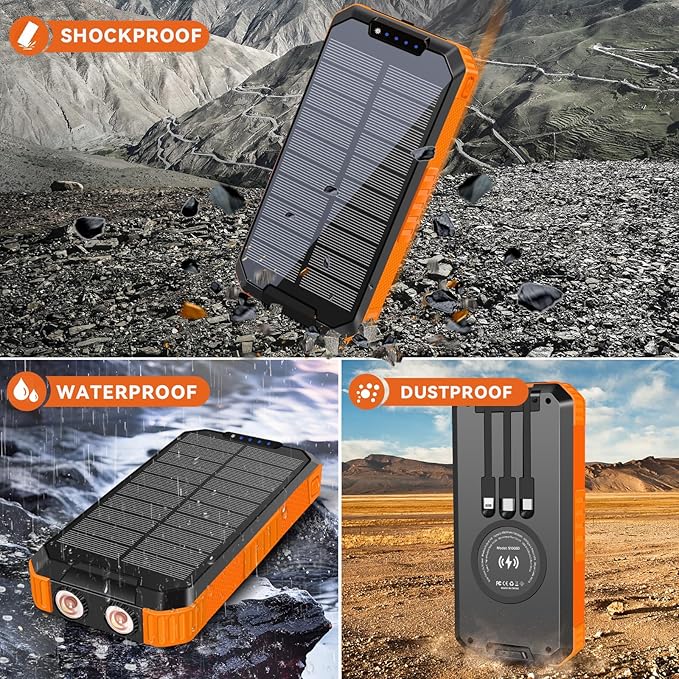 Solar Charger Power Bank 49800mAh Wireless Battery Pack PD18W QC3.0 Fast Charging Built in 3 Cables with USB-C 6 Outputs & 2 Inputs for Cell Phone