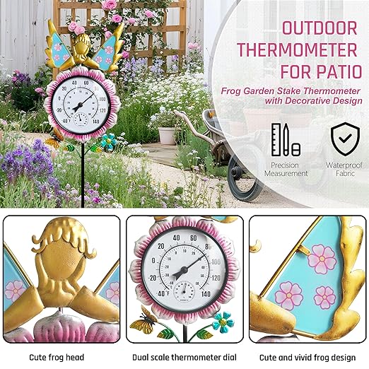 Outdoor Thermometer for Patio - Fairy Garden Stake Thermometer with Decorative Design - 44 inch Outside Temperature Gauge for Yard - Easy to Read, Durable & Weatherproof - Garden Decor