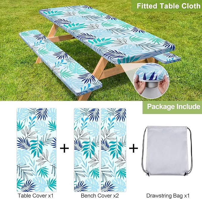 Picnic Table Cover with Bench Covers Camping Essentials Waterproof Windproof Camping Tablecloth with Drawstring Bag, Fitted Rectangle Tables and Seats, 60in, Light Green Blue
