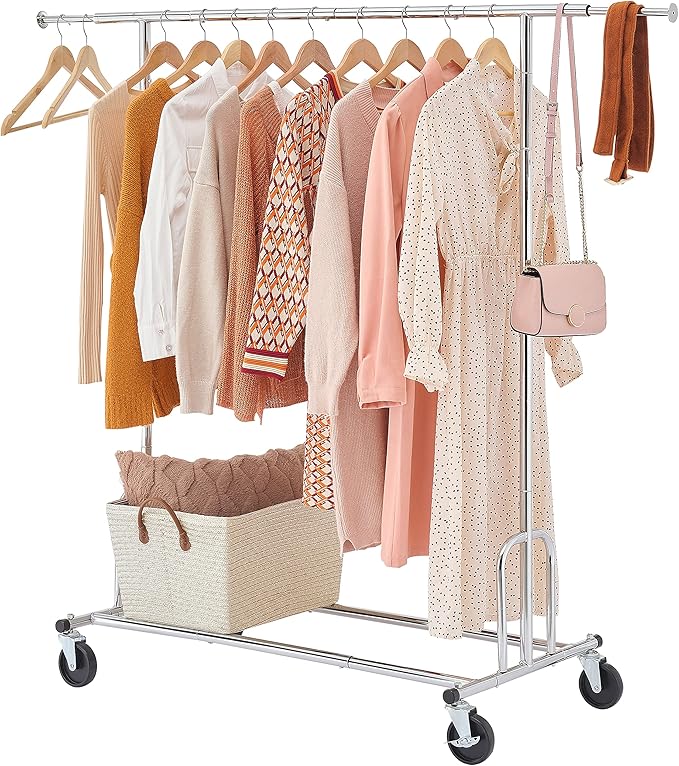 Tajsoon Heavy Duty Clothes Rack Foldable Garment Rack with Wheels and Extendable Rod, Freestanding Clothing Rack for Hanging Clothes, Adjustable ＆ Collapsible Rolling Racks with Bottom Shelf, Chrome