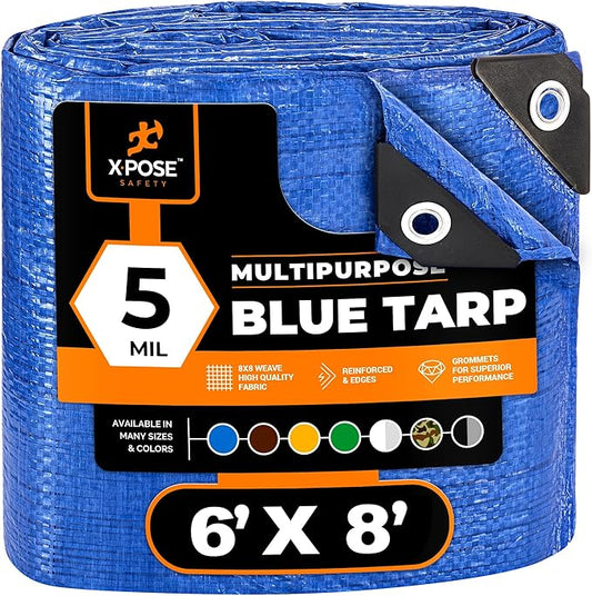 Better Blue Poly Tarp 6' x 8' - Multipurpose Protective Cover - Lightweight, Durable, Waterproof, Weather Proof - 5 Mil Thick Polyethylene - by Xpose Safety