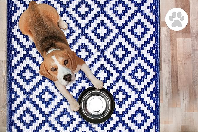 FH Home Outdoor Camping Rug - Waterproof, Fade Resistant, Reversible - Premium Recycled Plastic - Geometric - Large Patio, Deck, Sunroom, RV - Aztec - Blue & White - 9 x 12 ft Foldable