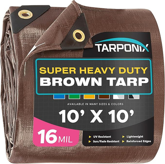 Super Heavy-Duty Brown Tarp 10' x 10' – 16 Mil Thick, All-Weather Waterproof Cover with Reinforced Edges and Sturdy Grommets