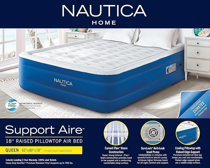 Nautica Home 18" Support Aire Size Queen Cooling Pillow Top with Raised Edge Support, Curved iFlex Beam Construction, Inset Powerful Pump, Puncture Resistant Vinyl, Storage Bag