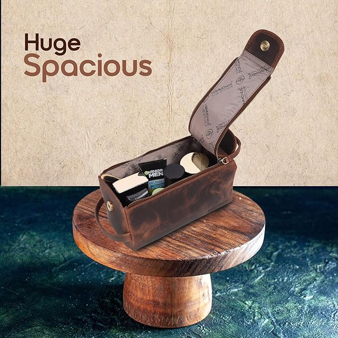 Genuine Leather Travel Toiletry Bag for Men and Womens Makeup Bag Organizer, Grooming and Shaving Essentials- Mens Dopp Kit for Travel - Large Cosmetic Bags for Women - Vintage Tan