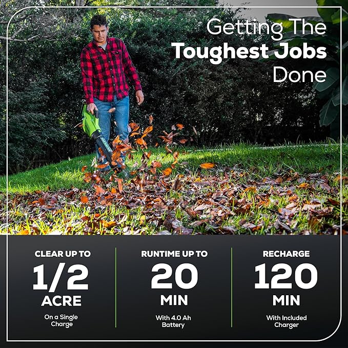 Greenworks 40V (130 MPH / 550 CFM / 75+ Compatible Tools) Cordless Brushless Axial Leaf Blower, 4.0Ah Battery and Charger Included