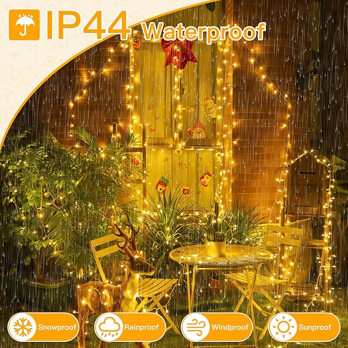 Ollny Christmas Lights Outdoor 200LED 60FT, Warm White Connectable Plug in Fairy Light Indoor, 8 Modes Waterproof Timer Plug in LED String Lights for House Outside Bedroom Patio Balcony