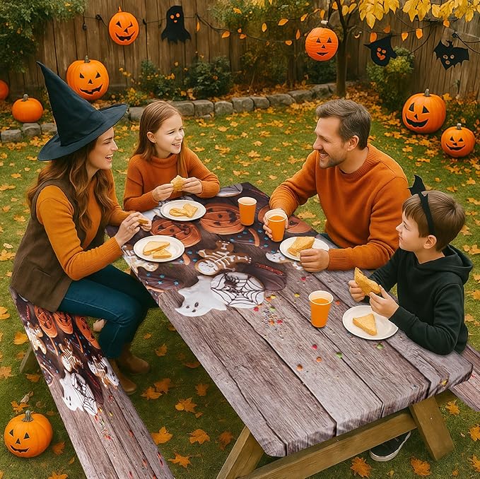Picnic Table Cover with Bench Covers Elastic Edges, Halloween Skeleton Fitted Table Cover, Outdoor Camping Essentials 72 Inch 3PCS, Waterproof Camping Fitted Tablecloth with Drawstring Bag