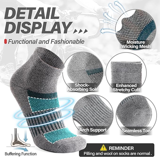 6 Pairs Merino Wool Ankle Running Hiking Socks Compression Support Breathable Thick Cushion No Show Socks for Women Men