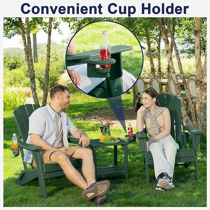 Folding Adirondack Chair, SGS Tested, Wooden Textured with Cup Holder, Heavy All-Weather HDPE Comfortable Set Poolside Backyard Lawn Green