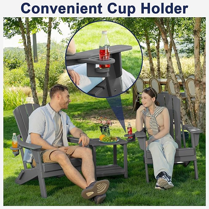 Folding Adirondack Chair, SGS Tested, Wooden Textured with Cup Holder, Heavy All-Weather HDPE Comfortable Set Poolside Backyard Lawn Grey Set 4