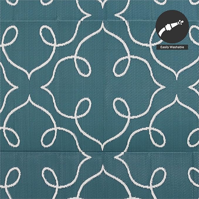 FH Home Outdoor Camping Rug - Waterproof, Fade Resistant, Reversible - Premium Recycled Plastic - Moroccan Lattice Tile - Large Patio, Deck, Sunroom, RV - Syracuse - Sea Green - 9 x 12 ft Foldable