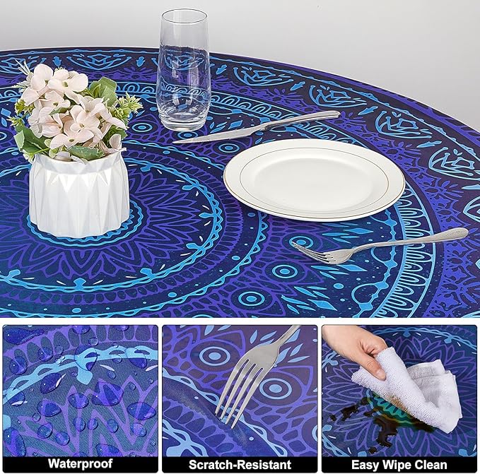 Round Tablecloth Fitted Elastic Table Cover Waterproof Table Cloth for Dinner, Party, Picnic,Camping, Round Table Cover for Indoor Outdoor