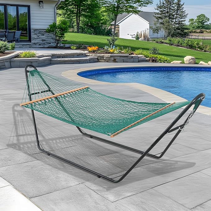 Lazy Daze Hammocks 12FT Double Rope Hammocks, 2 Person Hand Woven Cotton Hammock with Spreader Bar for Outdoor, Indoor, Patio, Poolside, FIT 13-15 Foot Stand, Max 450 Lbs, Green, 141 x 57 inches