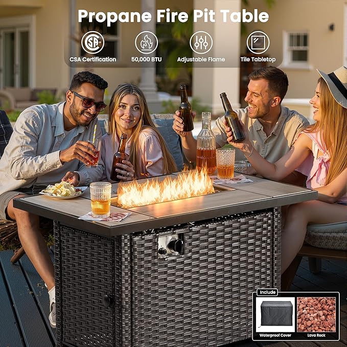 ovios 6 Pieces Patio Furniture Set with 42" Fire Pit Table, Outdoor Wicker Sofa with Ottomans, Comfy Cushions, High Back Couch Conversation Set, Brown Rattan, Beige