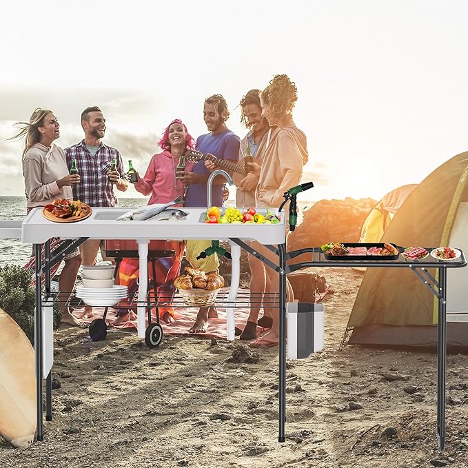 Dragosum Fish Cleaning Table, Portable Folding Camping Table with Folding Grill Extension Board, Fish Cleaning Station with Dual Sinks, Hose Hook Up