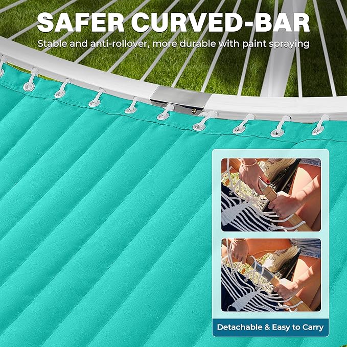 SUPERJARE Hammock with Stand, 2 Person Heavy Duty Hammock with Padded Cotton, Detachable Pillow & Strong Curved-Bar & Portable Carrying Bag, Perfect for Outdoor & Indoor, Turquoise