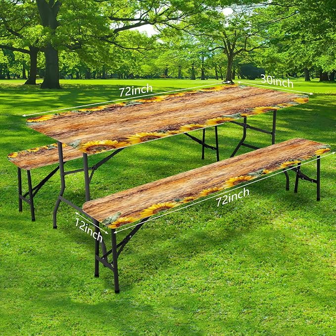 Picnic Table Cover with Bench Covers, Sunflower Wood Grain Pattern Elastic Edges, Waterproof Windproof Fitted Tablecloth, for Outdoor Camping Patio Garden, Includes Drawstring Bag, 60 in