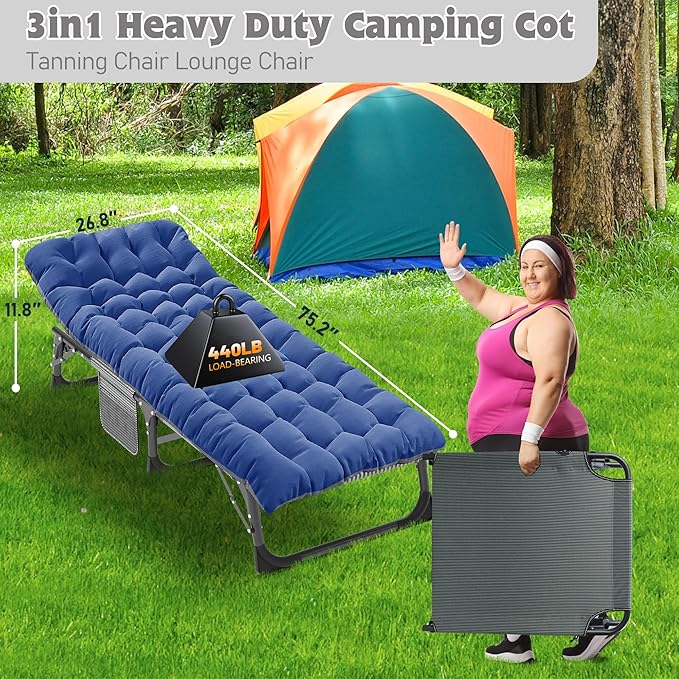 ABORON Folding Camping Cot W/Mat for Adults, Adjustable Heavy Duty Outdoor Bed,1200 D Layer Oxford Travel Camp Cots