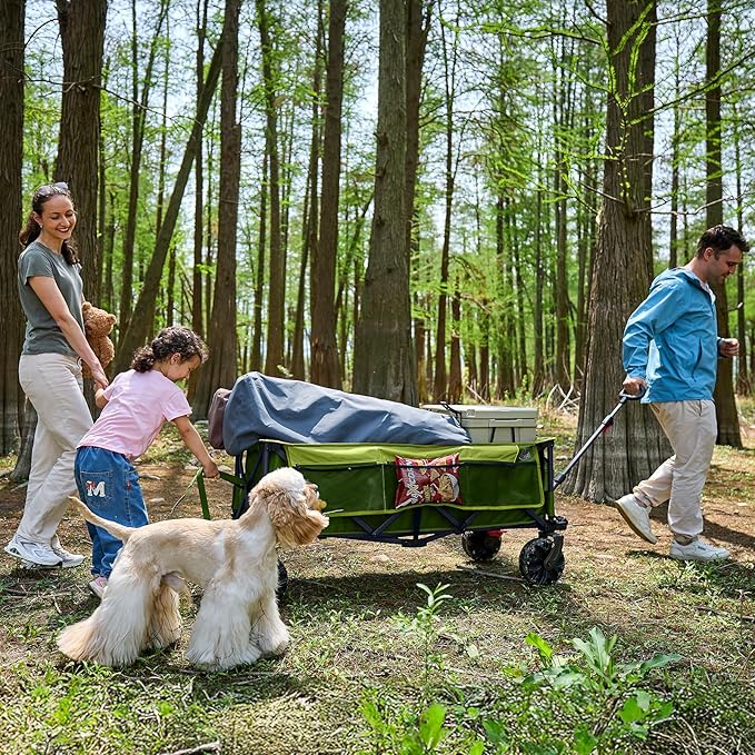 TIMBER RIDGE 51.2" Extended Collapsible Wagon - Heavy-Duty Utility Cart with All-Terrain Wheels, Brakes & Cargo Net, 400L Capacity for Camping, Sports & Shopping, Green