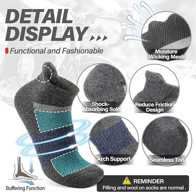 6 Pairs Merino Wool Ankle Running Hiking Socks Compression Support Breathable Thick Cushion No Show Socks for Women Men