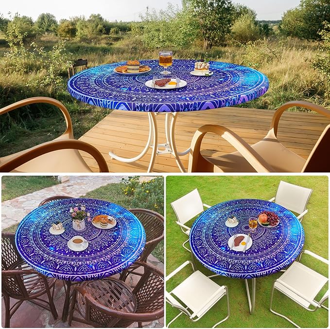 Round Tablecloth Fitted Elastic Table Cover Waterproof Table Cloth for Dinner, Party, Picnic,Camping, Round Table Cover for Indoor Outdoor