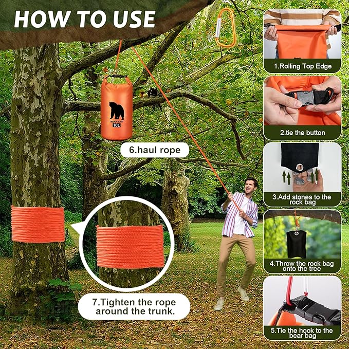 2 Pcs 10L Waterproof Bear Bags with 4 Nylon Ropes, 4 Clips & 2 Rock Pockets & 2 Small Warning Bells for Hanging Food securely. Ultralight Camping Food Bag System.