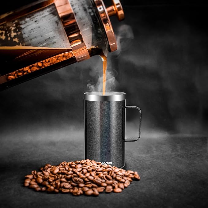 KXIAOCHEN 20oz Insulated Coffee Mug with Lid, Stainless Steel Coffee Cup, Double Wall Vacuum Coffee Tumbler with Handle, Premium Thermal Travel Coffee Mug (Glitter Black)