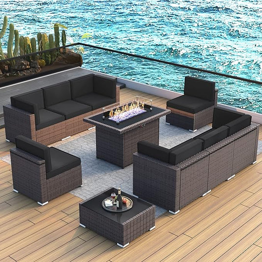 LayinSun 10 Pieces Outdoor Patio Furniture Set with 44" Fire Pit Table Brown Rattan Sectional Sofa Conversation Sets