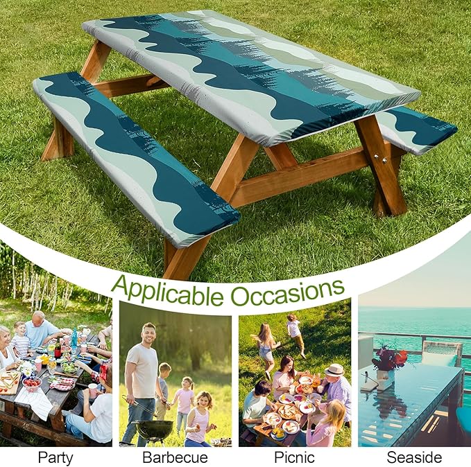 Picnic Table Cover with Bench Covers Camping Essentials Waterproof Windproof Camping Tablecloth with Drawstring Bag, Fitted Rectangle Tables and Seats, 60in, Green Blue