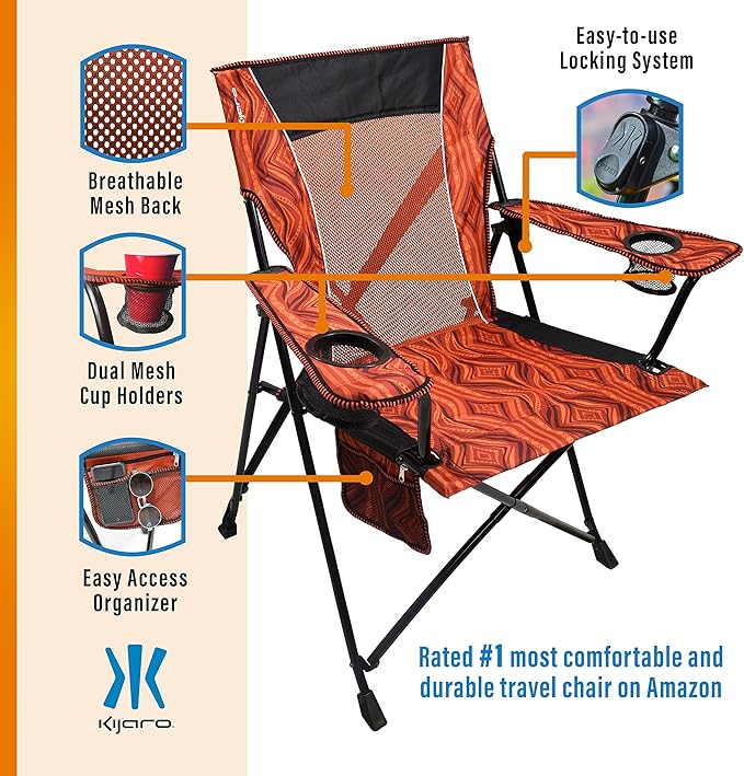 Kijaro Enjoy Versatile Folding Sports, Outdoor Chair & Lawn Chair, Dual Lock Feature, Destination Print - Victoria Desert Orange