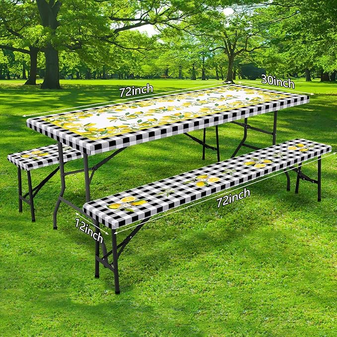 Picnic Table Cover with Bench Covers, Lemon & Black-White Gingham , Elastic Edges, Waterproof Windproof Fitted, for Outdoor Camping Patio Garden, with Drawstring Bag, 60 in