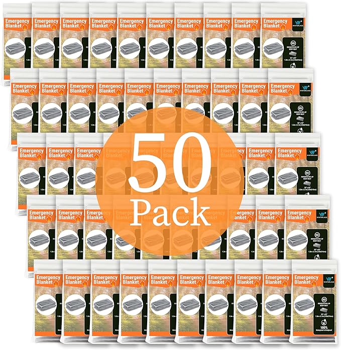 Winterlace Emergency Blankets 50-Pack (52” x 82”) Thermal Mylar Survival Rescue Camping Heat Reflective (50)