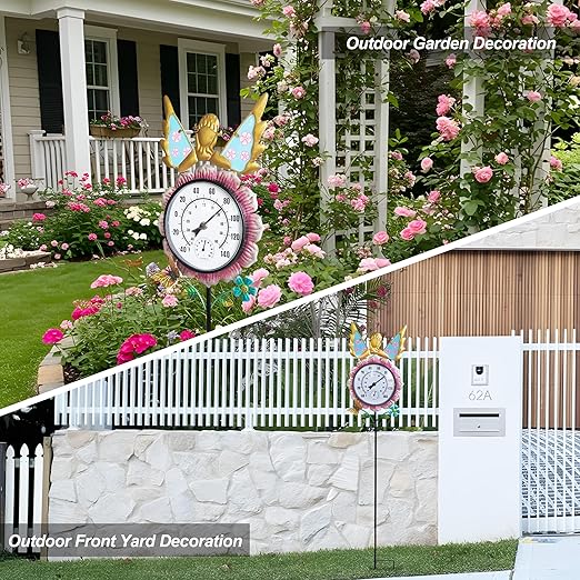 Outdoor Thermometer for Patio - Fairy Garden Stake Thermometer with Decorative Design - 44 inch Outside Temperature Gauge for Yard - Easy to Read, Durable & Weatherproof - Garden Decor