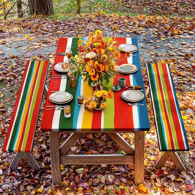 JAWO Picnic Table Covers with Bench Covers Modern Stripe Camping Tablecloth 8FT for 8 Person Fitted Picnic Table Cover with Elastic Windproof Waterproof Fabric, Camping Accessories Patio & Outdoor