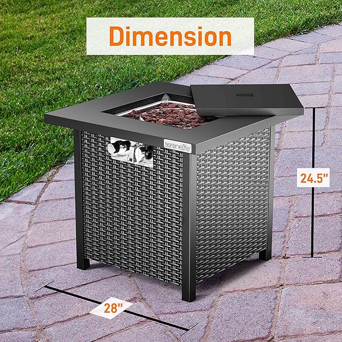 SereneLife Outdoor Propane Fire Pit Table - 40,000 BTU Square Gas Fire Table with Steel Top, Rattan-Style Panels, 6.6 lbs Lava Rock Set, Pulse Ignition for Patio & Backyard Heating, 28 x 28 x 24 in